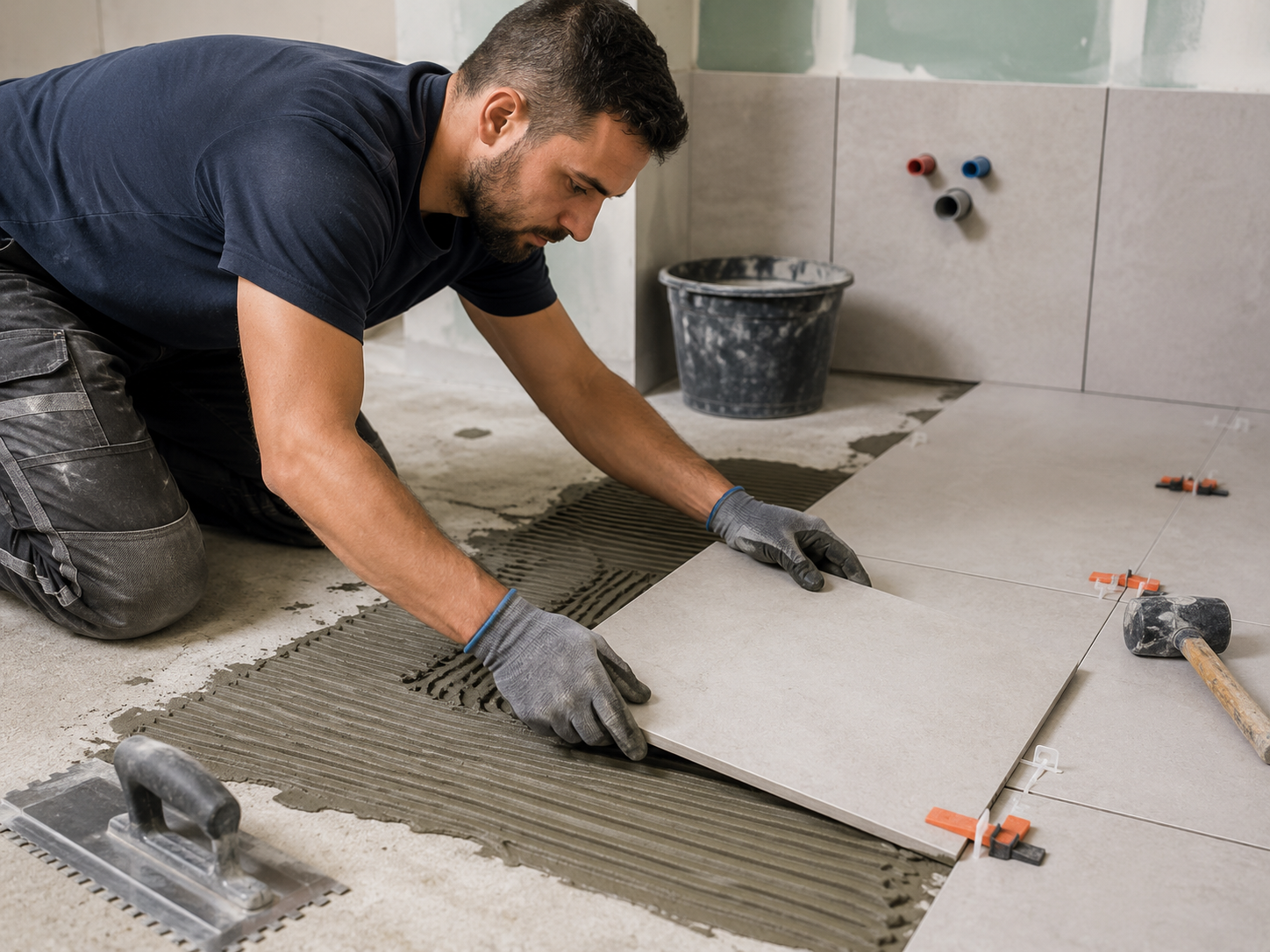Pose de carrelage au sol avec finitions précises