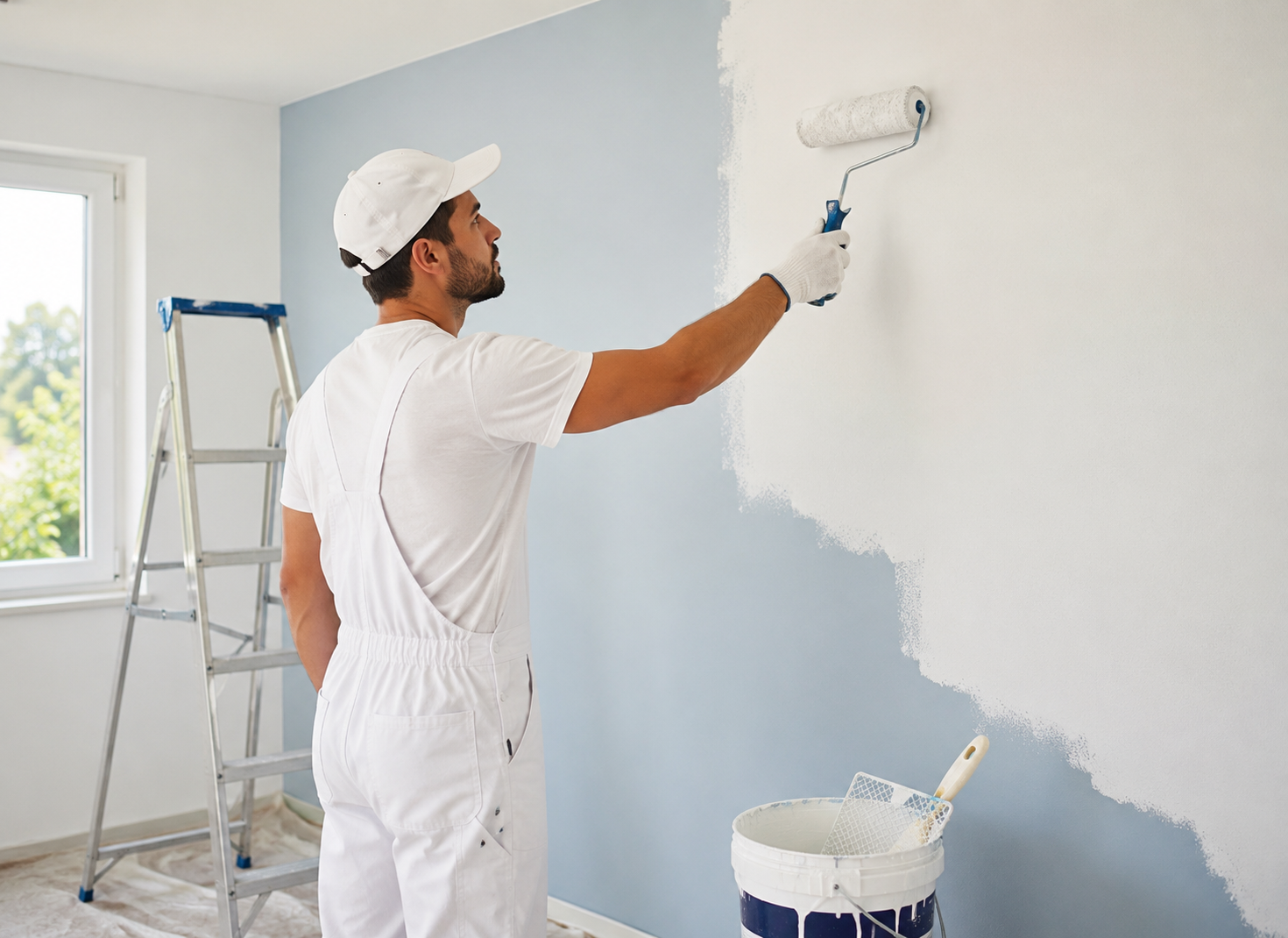 Mur en cours de peinture avec des finitions lisses
